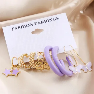 Trendy Purple Butterfly Star Heart Hoop Earring Set (5 pairs)